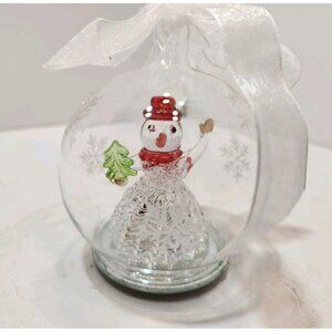 Vtg Spun Glass Snowman Christmas Ornament in Etched Glass Ball  LED Lights NIB